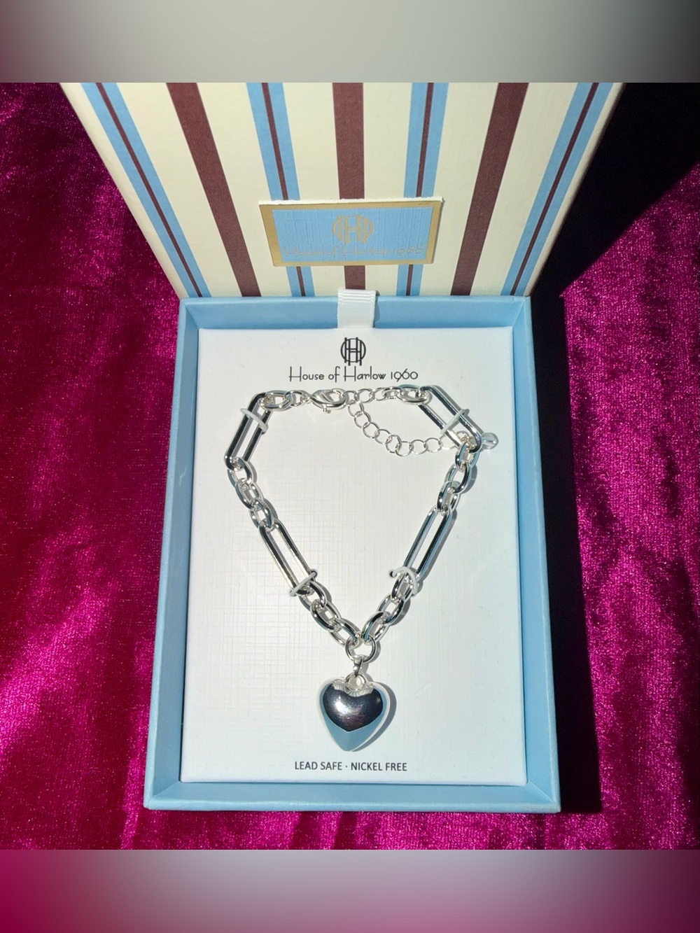 House of Harlow 1960 Silver Heart Charm Chunky Link Bracelet
